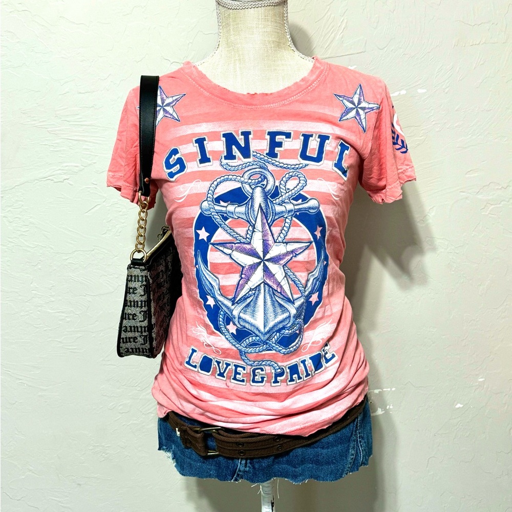 Affliction Coral and Blue Nautical Tee